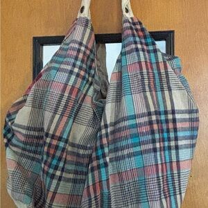 Plaid Tote Bag with Wooden Handles